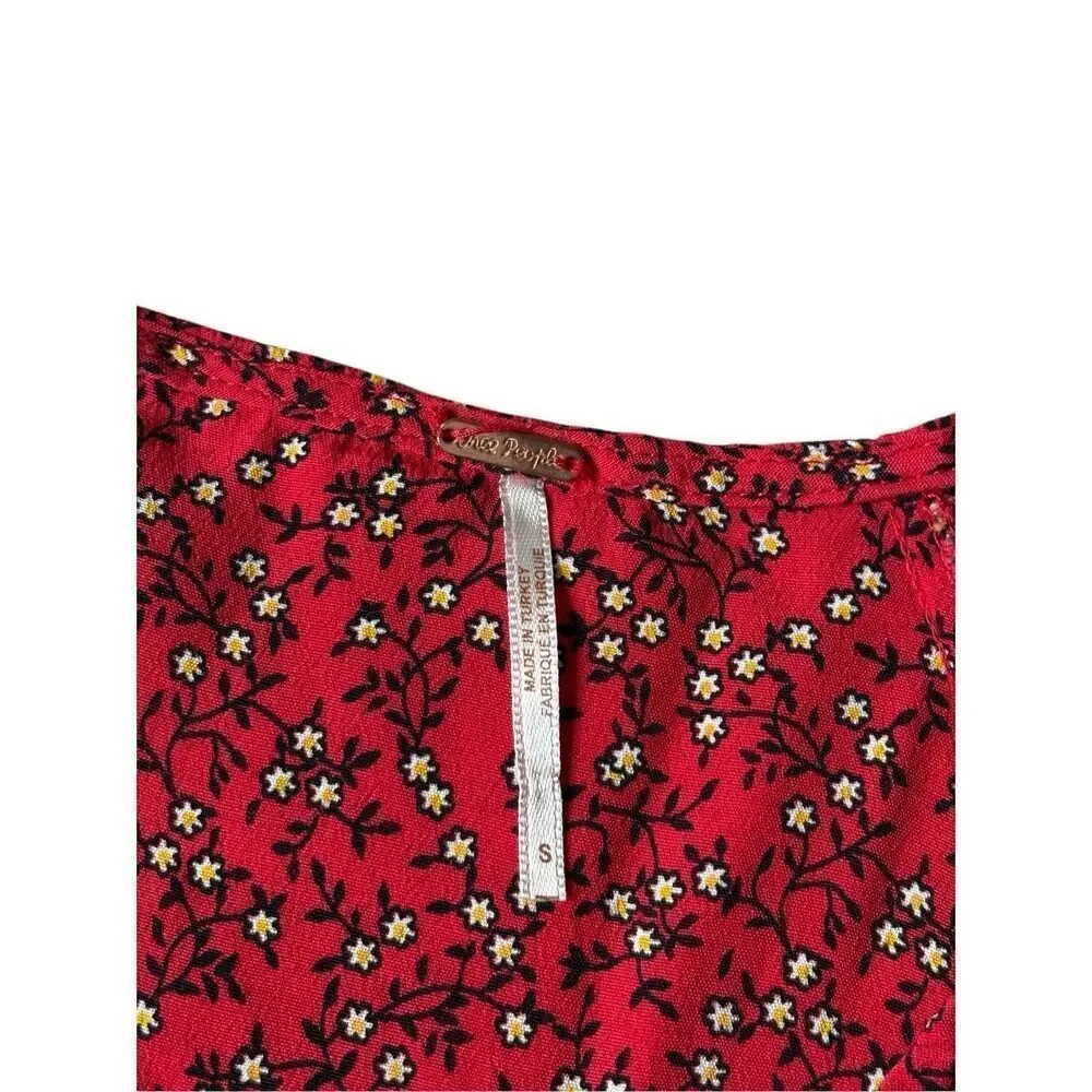 Free People Clara Tie Tunic Dress‎ size S Red Ditsy Floral Red Wrap Mini Peasant